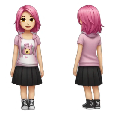 Full body Front view curvy emo girl pink hair sits on the floor straight view hands up black skirt полосатые рваные чулки sticker