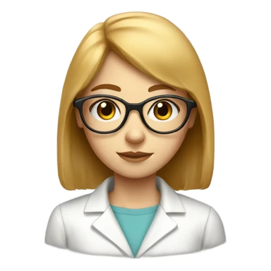 A pale readhead girl with fluffy straight hair and bangs, wearing gold slim eyeglasses and a lab suit sticker