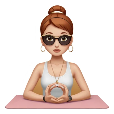 Clean girl influencer character, chest-up portrait.Sleek tight bun hair color (auburn .Natural glossy makeup, soft blush, shiny lips.chest up portrait , small gold hoop earrings, delicate gold necklace.Black sunglasses on head.Rolled yoga mat hanging over her shoulder. sticker
