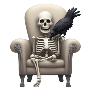 Skeleton reading while sitting on fluffy chair with bow on their head and a raven sticker