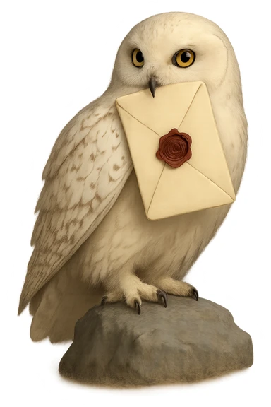Create a realistic style image of the same owl holding a Hogwarts letter in its beak. The image should have no outlines, with clear shadows and highlights, soft lighting, and no background. sticker