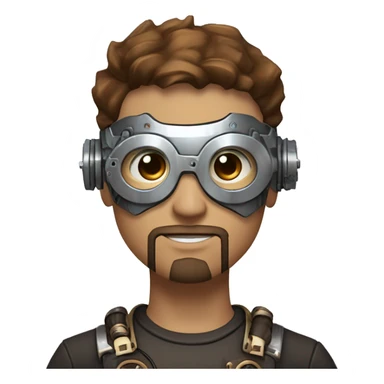 male cyborg head with brown short hair, brown beard, silver steampunk goggles and circuits sticker