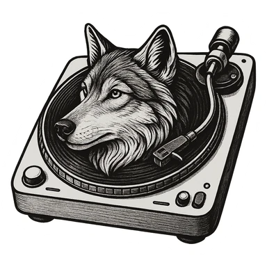 illustrative style platine vinyle with the platter replaced by an integrated wolf head, clear details, transparent background sticker