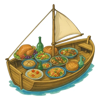 ghibli style illustration of a boat with a feast on board sticker
