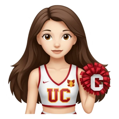 skinny white happy long haired brunette girl in a white USC cheerleader outfit with the letters USC sticker
