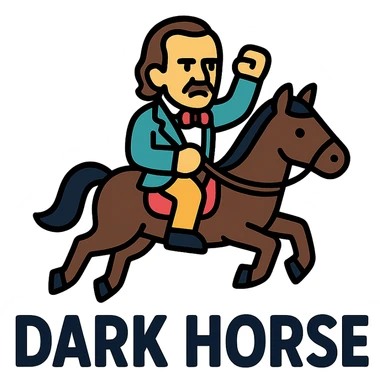 Polk on a horse, 'Dark Horse' text, campaign theme, color outline icon sticker