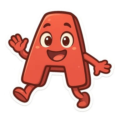 funny animated letter A with eyes and smile, cartoon style, bright colors, dynamic pose, transparent background sticker