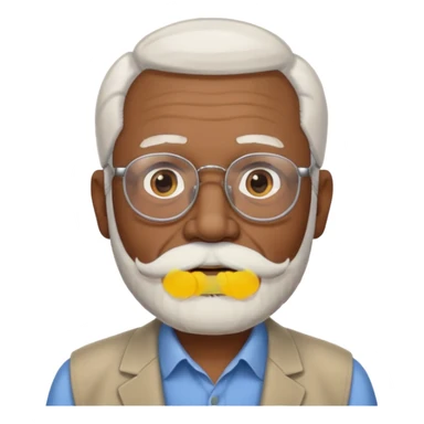 An elderly man emoji with medium-dark skin tone, white hair on the sides, glasses, light eyebrows, and a light white mustache and beard. sticker