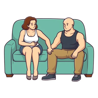 A bald man sitting on a couch. One Caucasian woman with brown hair, big boobs, wearing pants and a tank top, kneeling on the ground. sticker