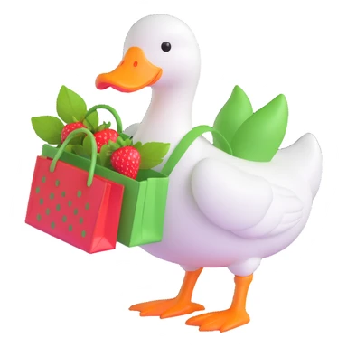 A white duck with an orange beak and feet, carrying a red strawberry with green leaves in a green bag. sticker