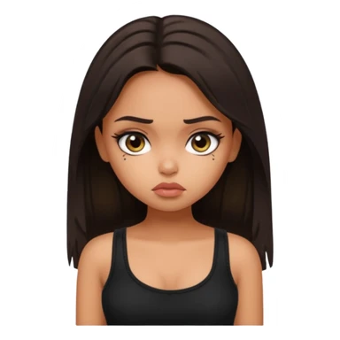 generate a pretty fair bratz girl with long dark brown hair looking sad. Wearing a black cami sticker