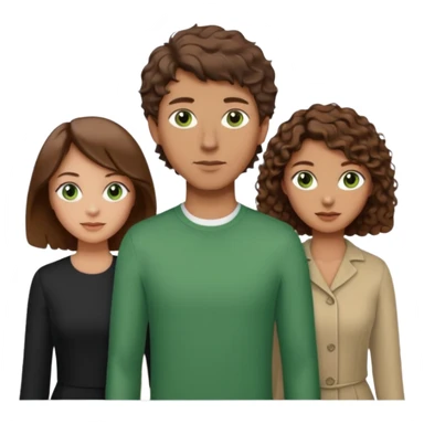 Man in the middle with brown hair and green eyes, women next to him with short brown hair with slight waves, taller women on right side with shoulder length curly hair and brown eyes sticker