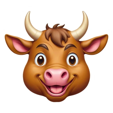 Cinematic Comical Domestic Bull Portrait Emoji, Head tilted dramatically with an exaggeratedly amused expression, featuring a striking, glossy coat with boldly defined horns and wide, expressive eyes brimming with playful disbelief, Simplified yet hilariously expressive features, highly detailed, glowing with a slightly sassy, earthy glow, high shine, dramatic yet playful, stylized with an air of cheeky rural mischief, soft glowing outline, capturing the essence of a spirited and over-the-top domestic bull that looks ready to charge its way into internet fame instantly! sticker