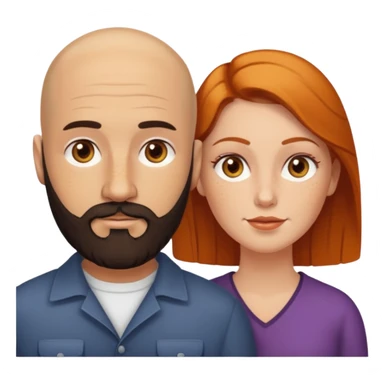 Couple. Bald man with dark brown-black beard. White woman with many small, faded freckles, she has white skin and she has auburn-yellow-brown-cinnamon, dark hair. She has light orange-brown eyes. The man have hazel eyes. Retro style. sticker