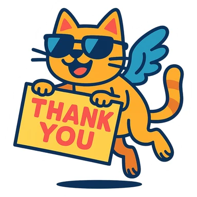 cheerful cat with wings and sunglasses, holding a thank you sign while flying sticker
