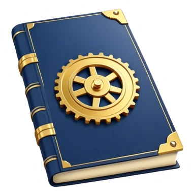 A navy blue book with gold details, metallic edges, and a golden gear with a chart with upward trend on the cover, radiating productivity success, strategy, and success in motion- sticker