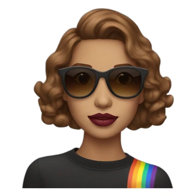 gay pride sunglasses on female head with wavy brown hair and rainbow lipstick sticker