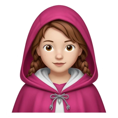 a 12 year old girl with fair skin, freckles, and brown hair done in French braids that come down to her breasts. she has a red hooded cape with the hood drawn. she has big, brown eyes and normal eyebrows. she has a pretty white t-shirt under her cloak. she has a warming smile with pale pink lips sticker