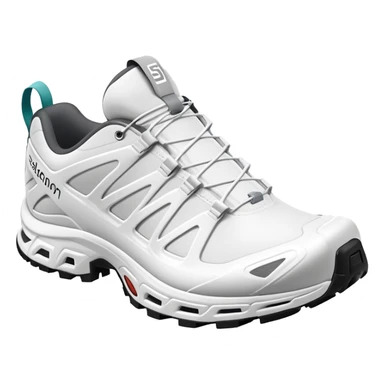 Bare minimum stylized white Salomon XT-6 sneakers in pure iOS emoji style, extremely clean lines, simplified shapes, one shoe behind the other, flat white design sticker