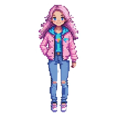 cheerful girl in a pink jacket and blue jeans, pixel art style sticker