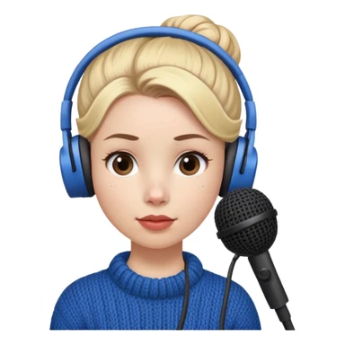 a cute face girl have bright white skin
and small natural reddish lips lips with
blue knitwear with a blonde ONE hair
bun and she is a podcaster in her
school. with recording microphone in
front of her not held and a headphone
in her head sticker