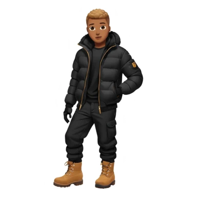 Handsome Black grown man with brown skin tone, wear black joggers, a black bubble coat, and buckwheat timberland boots, and black gloves sticker