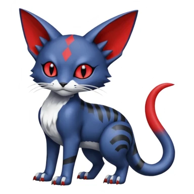 midnight blue-gray-black, with red markings, white belly, scaley Bastet-Noibat-Gatomon-Digimon-Fakémon-Pokémon-creature (full body) sticker