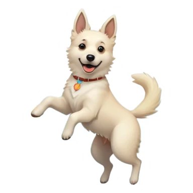 Beautiful White belgian Shepard jumping Cheerful  with a little blonde Boy Who laughs over Rain puddles. There is a rainbow in the sky and a forest in the background sticker