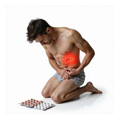 muscular young man bending in pain touching right side, blister packs of pills on ground, liver area highlighted in red, realistic details, isolated on white background sticker