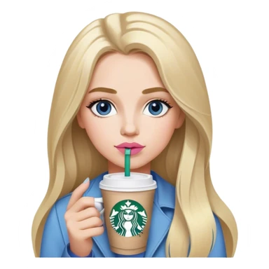 Long blonde grey highlighted with blue gray eyes sipping one Starbucks coffee. She has bushy eyebrows and pink lips  sticker
