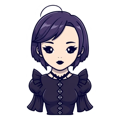 gothic girl with wide shoulders, small chest, dark makeup, black clothing sticker