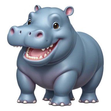 cinematic-hippo-realistic-full-body-side-view-standing-on-all-fours-emoji,-massive-round-frame,-wide-mouthed-grin-exposing-huge-teeth,-head-tilted-dramatically,-thick-greyish blue-hide-glossy, big cute eyes sticker