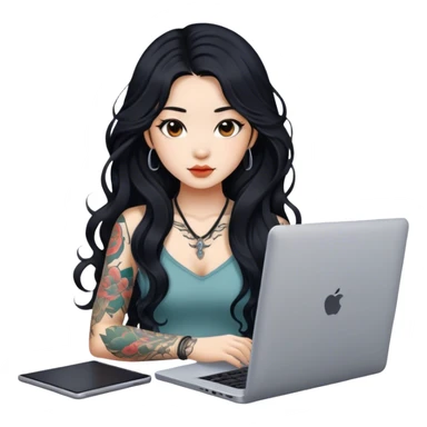 beautiful girl, with tattoos, with long black hair, wavy hair, chinese, with laptop sticker