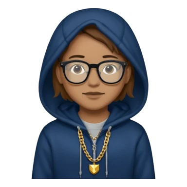 Brown hair with black glasses and a dark blue hoodie that says caylus kingdom with black pants and a gold chain sticker