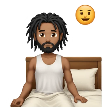 African American man with shoulder length black dreadlocks with black beard wearing a men's white tank top shirt waking up in the bed sticker