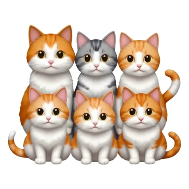 6 cats with different coloured coats, 2 are grey and white, 1 is grey with a little white, 1 calico, 1 brown tabby and white and one ginger and white sticker