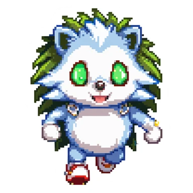 scene of a blue anthropomorphic hedgehog with spiky quills, large green eyes, white gloves, red shoes with white strap and gold buckle, running at high speed in a lush Green Hill Zone with looping hills, checkerboard terrain, golden rings, and motion blur lines, dynamic energetic pose sticker