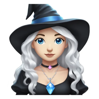 pale young witch wearing a low cut black dress, a pink crystal necklace, and a witch hat, with white hair and bright blue eyes, making prayer hand sticker