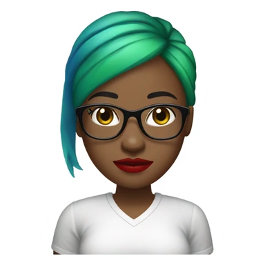 A bald black woman with glasses woman in a white tee shirt with red, black, and green flag in one hand with blue lipstick. sticker