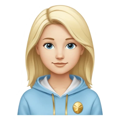 Caucasian female with oval face, light blonde hair with side part, serene smile, light blue sporty hoodie with gold and white fantasy details sticker