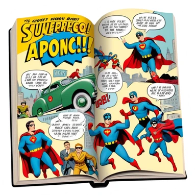 Icon for Vintage American Comics: an open comic magazine with classic 1940s-1950s American comic art, featuring superheroes in bold, bright colors, with action panels and exaggerated speech bubbles. The icon should represent the nostalgic style of vintage comics. Transparent background. sticker