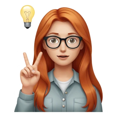 intelligent and clever, 30 year old, girl, long red-blond hair, glasses, has an idea and holds her finger in the air, light bulb over the head, casual cloth  sticker