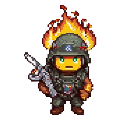 worm from Worms game wearing an army helmet and holding a flamethrower sticker