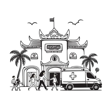 Busy Bangkok hospital exterior with ambulance and Thai architectural details sticker