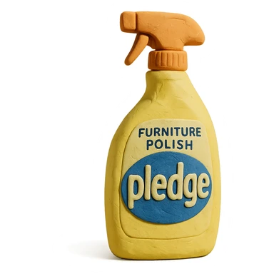 claymation style bottle of furniture polish inspired by Pledge, yellow and blue label, pastel colors, visible fingerprints, soft matte finish sticker