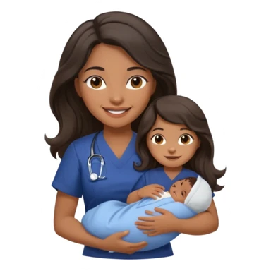 Female nurse smiling with long dark wavy hair with medium brown skin and brown eyes holding one new born with navy blue short sleeves sticker