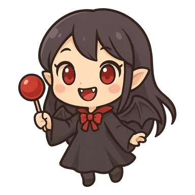 vampire girl, chibi style, oversized head, tiny body, bat wings, smiling, holding a blood-red lollipop sticker