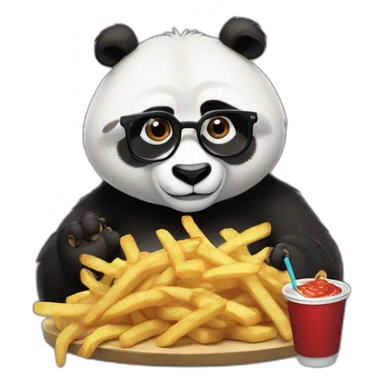 Kung Fu Panda with glasses working seriously on macbook and having fries and coke sticker