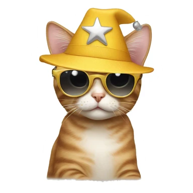 cat wearing sunglasses and a star hat sticker
