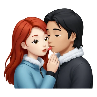 long black haired asian guy kissing redhead girl in snow sticker